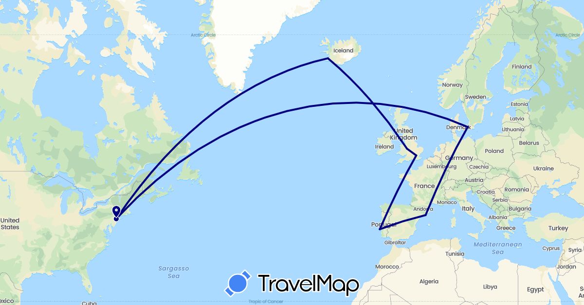 TravelMap itinerary: driving in Denmark, Spain, United Kingdom, Iceland, Portugal, United States (Europe, North America)